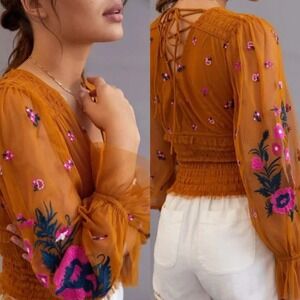 Anthropologie Embroidered Gold Smocked Tulle Blouse with Lace Up Back Size Large